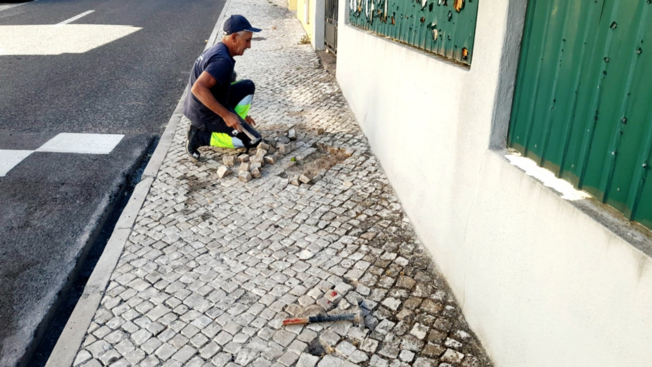 Trabalhos de manutenção de calçada em Queijas